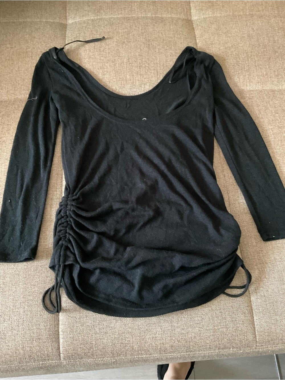 CBR Black Long-Sleeve Ruched-Side Scoop Neck Top